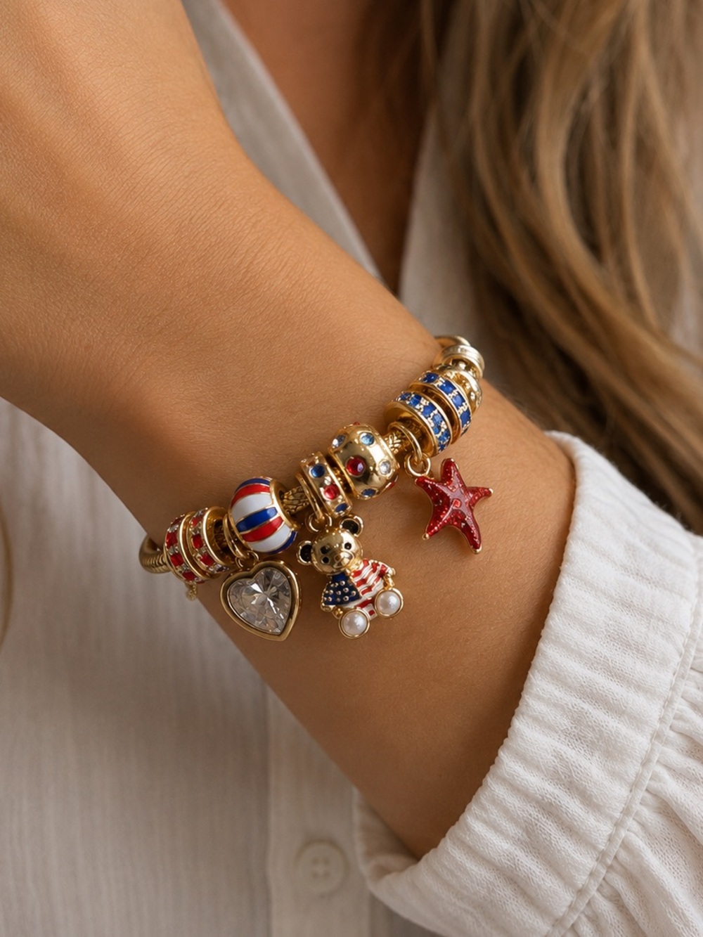 Piper·k Gold-Tone 4th of July Charm Bracelet with Red, White and Blue Accents